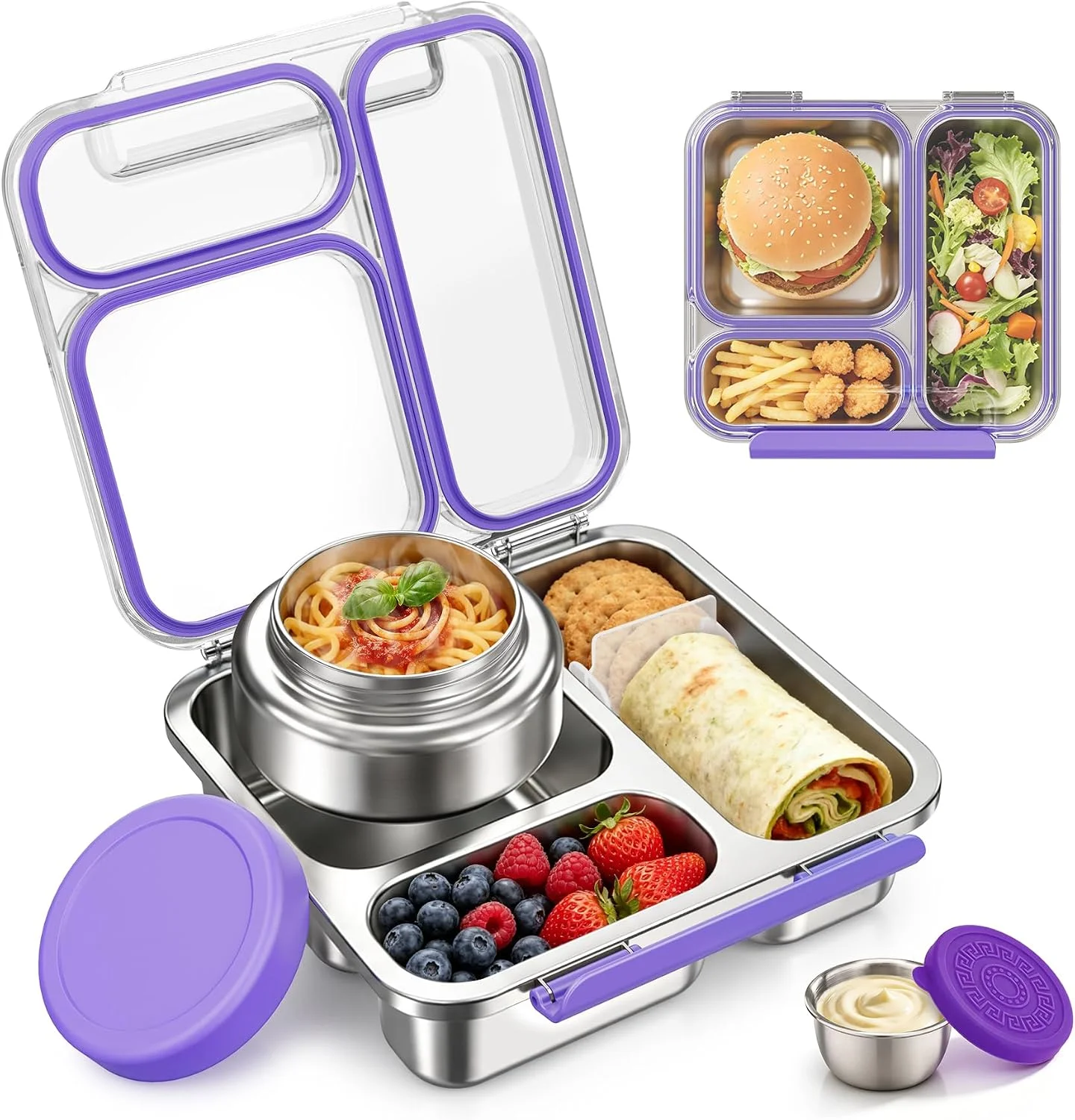Pawtong Stainless Steel Bento Box Kids Adult with 7oz Insulated Food Jar, Transparent Lid Metal Lunch Box With Soup Thermal Jar, Lunch Box Container with Removable Divider & Sauce Cup School (Pink) - Image 4