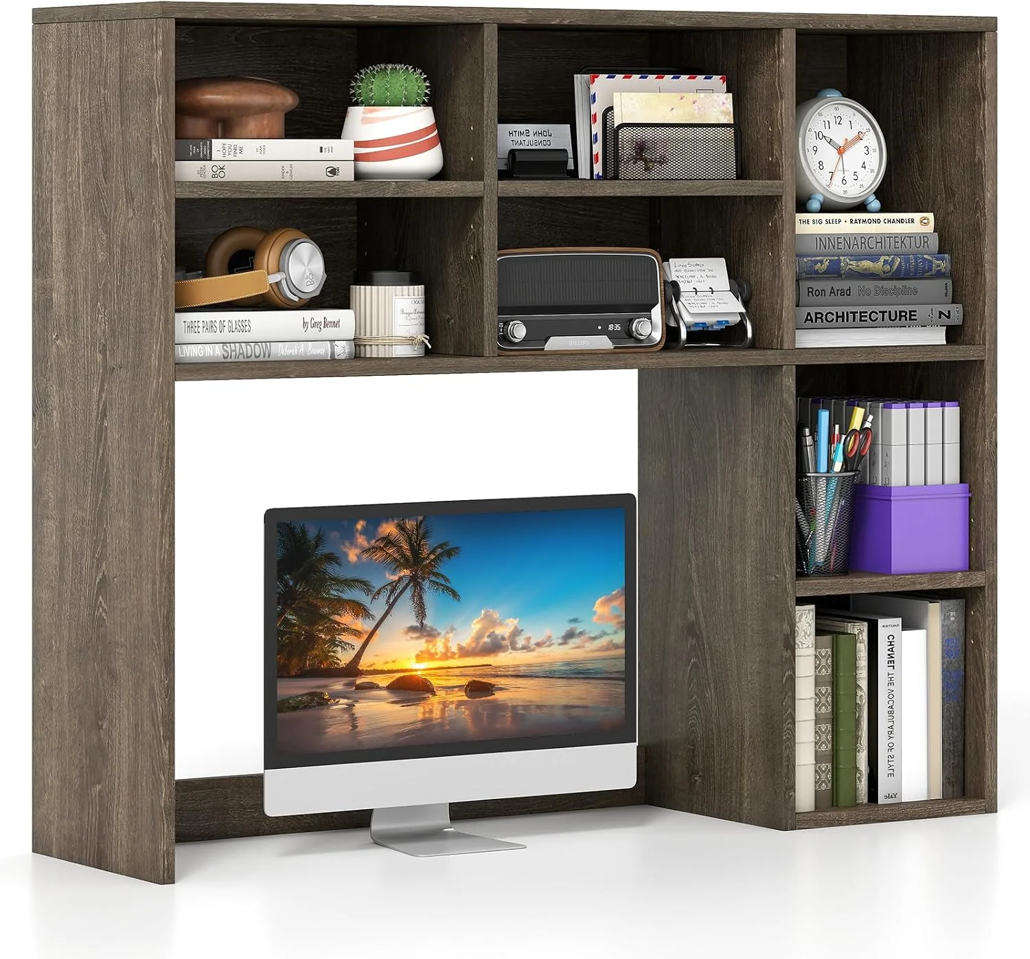 Desktop Bookshelf, 37 Desk Hutch Dorm for Computer Up to 32 Inch, Countertop Hutch w/6 Storage Shelves, 3-Tier Desktop Organizer Display Rack, Wood Desk Shelf for Home Office (Natural) - Image 6