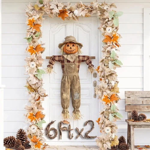 Fall Garland for Mantle Fireplace - 2 Pack 6Ft Outdoor Autumn Leaves Decor for Home Front Door with Pumpkins Indoor Maple for Farmhouse Table Stairs