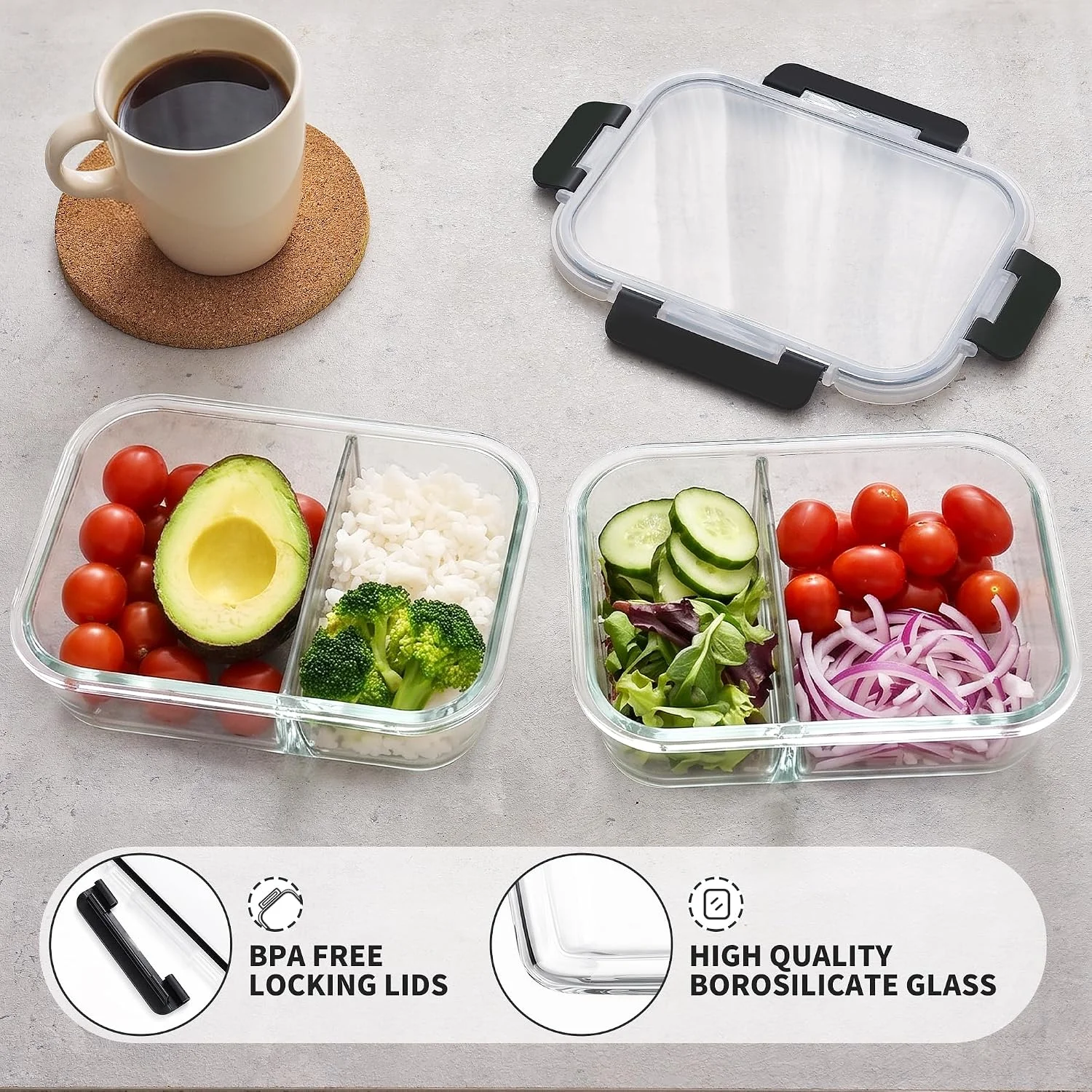 Pack 2 Compartment 36oz Borosilicate Glass Meal Prep Containers with Lids - Image 2