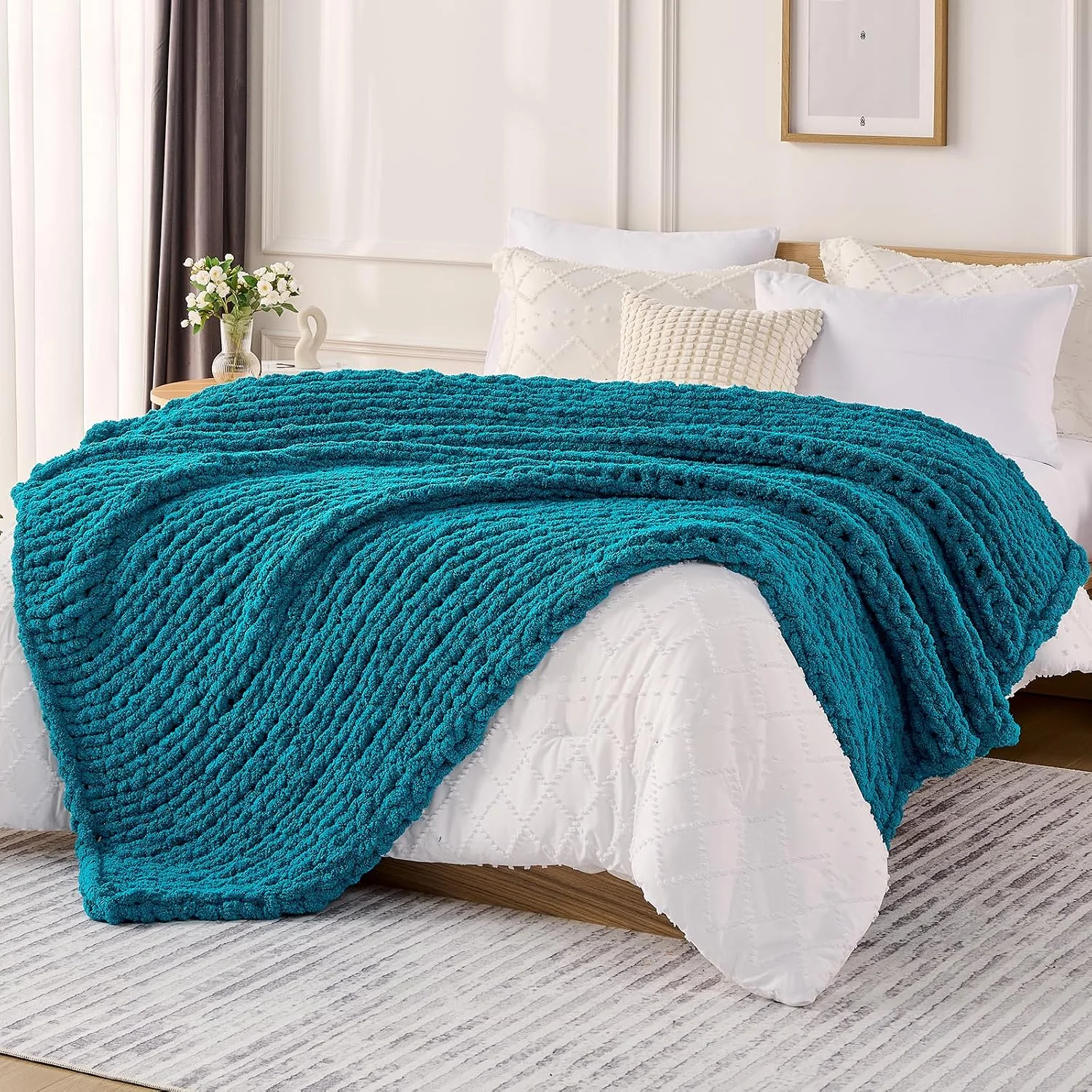 L'AGRATY Chunky Knit Throw Blanket for Couch, 50'' x 60'' Knit Throw, Ivory - Image 4
