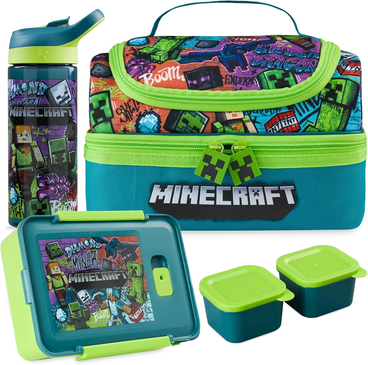 Trend Minecraft Kids Lunch Box 3 Pc Set with Insulated Lunch Bag, Bento Box with Two Mini Pots & 20 fl oz Water Bottle with Straw for School, Picnic - Image 2
