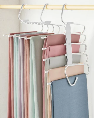 MORALVE Pants Hangers Space Saving - 2 Pack - Non-Slip Multi-Layer Space Saving Hangers - Multifunctional Clothing Rack for Closet Storage - Ideal for Jeans, Trousers, Skirts, Scarves & Slacks (Black)